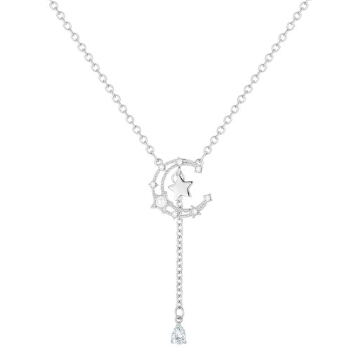 Dainty Silver Moon Star Necklace, White Gold Plated Crescent Moon Delicate Tiny Stars Pendant Necklace Jewelry Gift for Women Girls Dainty Silver Moon Star Necklace, White Gold Plated Crescent Moon Delicate Tiny Stars Pendant Necklace Jewelry Gift for Women Girls