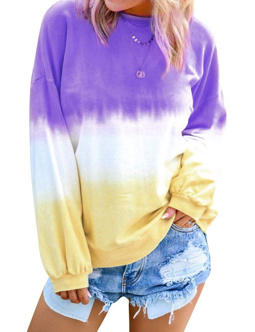 Women's Casual Crew Neck Long Sleeve Gradient Contrast Color-Block Pullover Tie Dye Blouse Tops Loose Sweatshirts