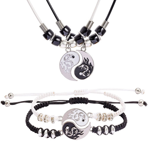 6 pieces Yin Yang Adjustable Cord Bracelet Set for Couple Yin Yang Matching Pendant Necklace for BFF Yin Yang Tai Chi Ring Band for Friendship Boyfriend Girlfriend (N Dragon Yin Yang, one size)