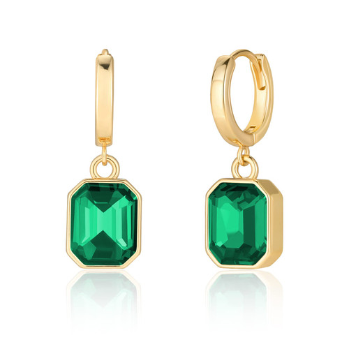 Birthstone Crystal Dangle Drop Earrings, 18K Gold Plated Huggie Hoop Hypoallergenic Earring Jewelry Gifts for Women (Green)