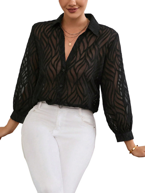 Women's Sheer Blouse Lantern Sleeve See Through Button Down Shirt Top Black C S