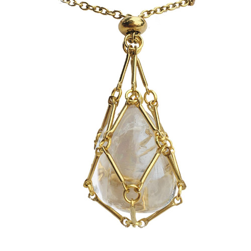 Crystal Holder Necklace Cage Moon Necklace?Stainless Steel Stone Clear Cage Quartz?Pendant With Adjustable Length Necklace, Quartz Gemstone Jewelry For Women Men(1pcs Citrine)