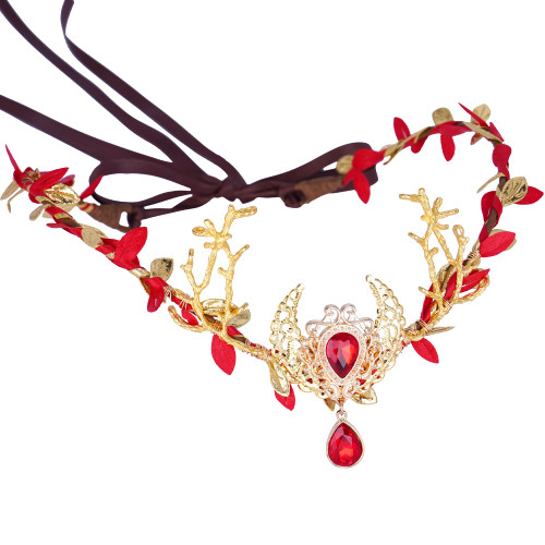 Handmade Red Fairy Moon Crown - Flower Headpiece Woodland Elf Tiara Floral Circlet for Queen Witch Renaissance Halloween Prom Cosplay Photography