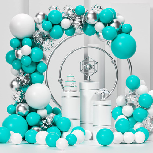 Teal Balloon Garland Kit, 130Pcs Arch Kit with Confetti Turquoise and White Metallic Silver Balloons, Bright Durable Latex Balloons for Birthday, Anniversary, Baby Shower, Weddings, Party Decorations