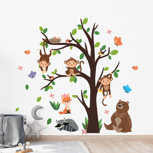 Monkey Climbing Tree Wall Stickers Forest Animal Tree Wall Decals Cute Bear Fox Birds Flowers Butterflies Wall Art Decor for Kids Babyroom Nursery Bedroom Living Room Classroom