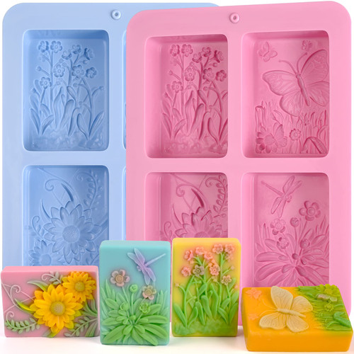 Flower Soap Molds Silicone-2PCS 4 Cavities Rectangle Soap Mold 3oz,Butterfly Flower Shapes Silicone Molds for Soap Bath Bombs Shower Steamer Lotion Bars