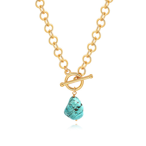 Natural Turquoise Stone Pendant Necklace, Chunky 18k Gold Toggle Necklace, Statement Turquoise Jewelry for Women Natural Turquoise Stone Pendant Necklace, Chunky 18k Gold Toggle Necklace, Statement Turquoise Jewelry for Women