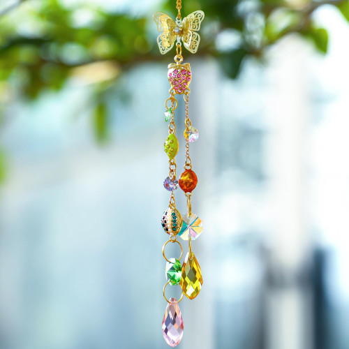 Crystal Rhinestones Suncatcher Strawberry with Butterfly Hang Pendant, Rainbow Maker Prisms Suncatchers Ornament for Windows Garden