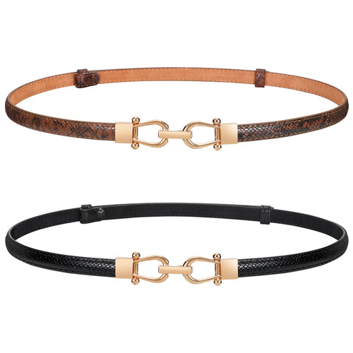 Women Skinny Waist Belt with Gold Buckle Adjustable Leather Thin Waist Belt for Dress