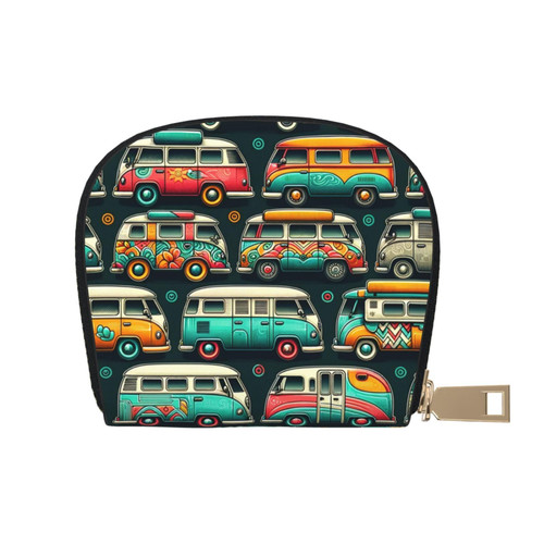 Credit Card Case Wallet Colorful-Bus-Camper Small Pu Leather Zipper Card Holder