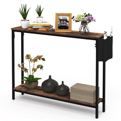 39.4" Console Entryway Table, 2-Tier Industrial Narrow Sofa Table with Storage Shelves for Hallway, Living Room, Bedroom, Foyer, Corridor, Office, Rustic Brown and Black
