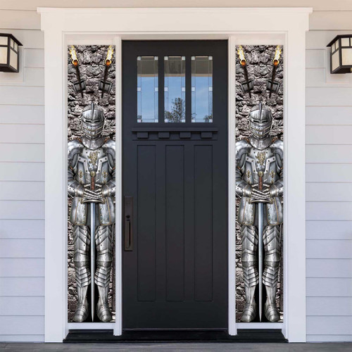 Castle Entrance Jointed Suit of Armor Knight Door Cover Banner Backdrop Medieval Theme Door Sign Door Decor for Halloween Birthday Party Halloween Knight Decorations Medieval Party Supplies