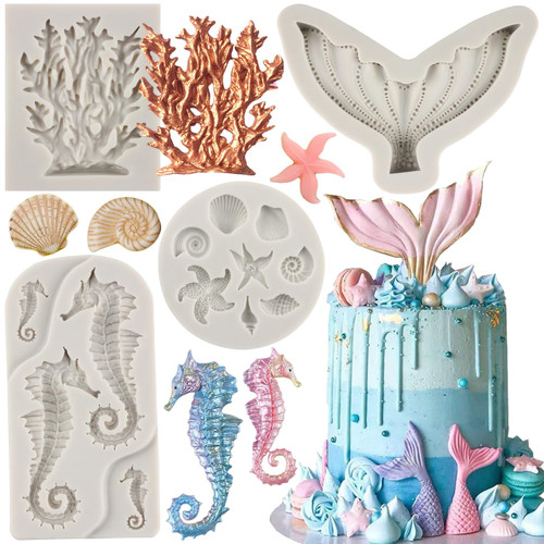 Mermaid Theme Cake Fondant Mold Seahorse Seashell Starfish Sea Coral Mermaid Tail Silicone Mold For Cupcake Topper Cake Decorating Candy Chocolate Polymer Clay Gum Paste Set of 4