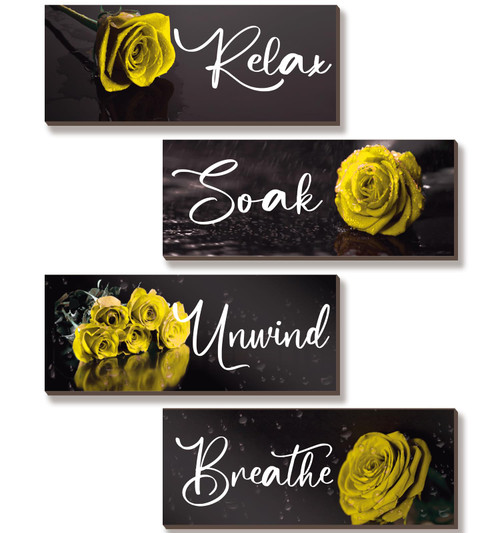 4Pcs Yellow Bathroom Decor Yellow Rose Wall Decor Wooden Yellow Bathroom Accessories with Relax Soak Unwind Breathe Wall Art For Girl Women Bedroom Living Room Home Decoration (Yellow 10 X 4 Inch)