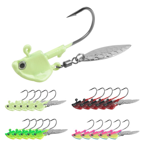Jig Heads Fishing Hooks, 10pcs Underspin Jig Heads Walleye Jigs Swimbait Jig Head with Willow Blade Colorful Painted Glow Fishing Jigs Lures for Walleye Crappie Bass Trout Flounder