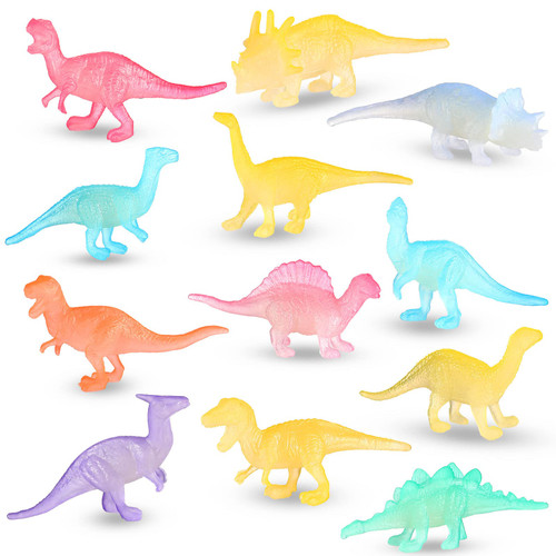 Mini Dinosaurs Toys 12 Pcs Glow in Dark Dino Figures Colorful Easter Dinosaur Party Favors Glowing Realistic Dinosaur Cupcake Toppers Party Decorations for Birthday Goody Bag Pinata Egg Filler