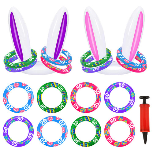 Easter Inflatable Bunny Ear Ring Toss Game, 2Sets& 8 Rings Easter Rabbit Ring Toss Party Games, Inflatable Toss Game Indoor Outdoor Toss Game for Kids Easter Party Favor Supplies