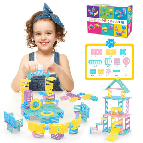 3D Building Blocks Set for Kids, 126 pcs Construction Building Blocks with 12 Multicolored Shapes - STEM Educational Building Toys for Boys & Girls Ages 4 and Up