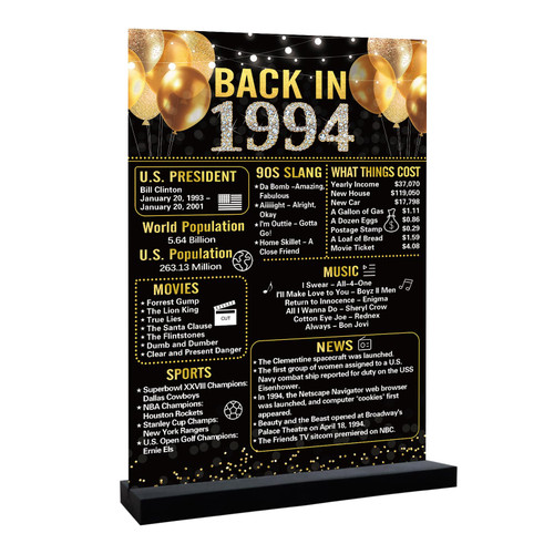 30th Birthday Decorations for him, Black Gold Back in 1994 Birthday Poster Acrylic Table Sign with Stand, 30 Birthday Anniversary Decor Gifts Men, Vintage 1994 30 Years Ago Poster for Women 30th Birthday Decorations for him, Black Gold Back in 1994 Birthday Poster Acrylic Table Sign with Stand, 30 Birthday Anniversary Decor Gifts Men, Vintage 1994 30 Years Ago Poster for Women