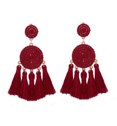 Tassel Dangle Earrings for Women Beaded Thread Fringe Drop Earrings Boho Statement Stud Earrings (Wine Red)