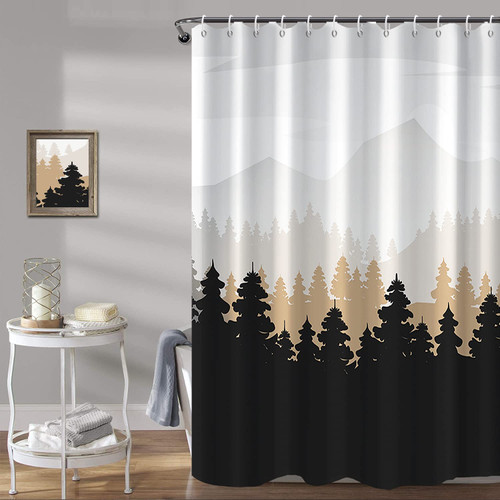 Black Misty Forest Bathroom Shower Curtain Nature Tree Hazy Mountain Woodland Bath Curtain Waterproof Polyester Fabric Shower Curtains with Hooks for Modern Home Decorative, 36x72 Inch