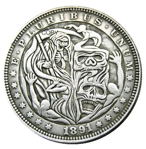 Grim Reaper Death Hood Scythe Skeleton Skull Souls Spirits Ghosts Hell Copy 1891 U.S Hobo Morgan Coin Silver Plated Replica Commemorative