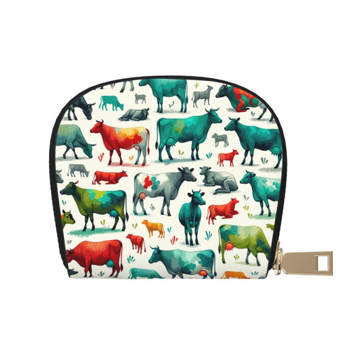 Credit Card Case Wallet Colorful-Cow-Funny Small Pu Leather Zipper Card Holder