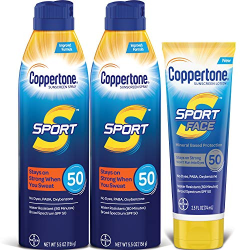 Coppertone SPORT SPF 50 Sunscreen Spray + SPORT Face SPF 50 Mineral Based Sunscreen Lotion Multipack (Two 5.5 Ounce Sprays + One 2.5 FL Ounce Lotion)
