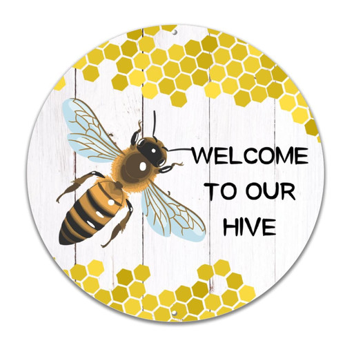 Welcome Sign Front Decor Welcome to Our Hive Round Tin Sign Bee and Willow Metal Wall Art 9in Weatherproof Farmhouse Metal Wall Decor for Home Coffee Garage Bar Man Cave