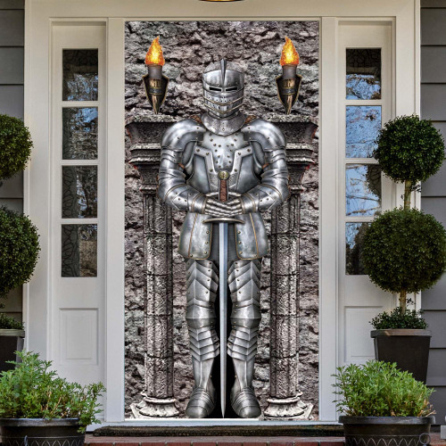 Castle Entrance Jointed Suit of Armor Knight Door Cover Banner Backdrop Medieval Theme Door Sign Door Decor for Medieval Party Decorations Halloween Birthday Party Halloween Knight Supplies