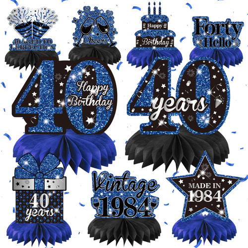 9PCS Blue Black 40th Birthday Decorations Vintage 40th Birthday Honeycomb Centerpieces, Blue Black Happy 40th Birthday Table Toppers Centerpieces for Men Women Vintage 1984 Birthday Party Decorations