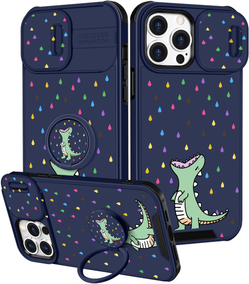 (2in1 for iPhone 15 Pro Max Case for Women Girls Cute Cover Girly Cartoon Kawaii Animal Green Unique Design with Slide Camera Cover+Ring Stand Holder for iPhone 15 Pro Max Phone case 6.7''