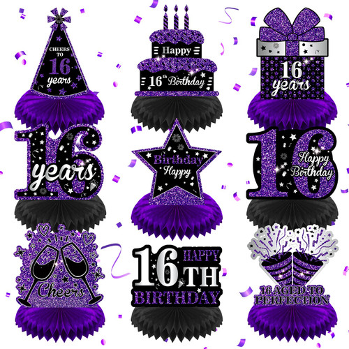9Pcs Purple 16th Birthday Decorations Purple Black Happy 16th Birthday Table Honeycomb Centerpieces for Table Decor 16th Birthday Table Topper for Girls Boys 16th Birthday Anniversary Party Supplies