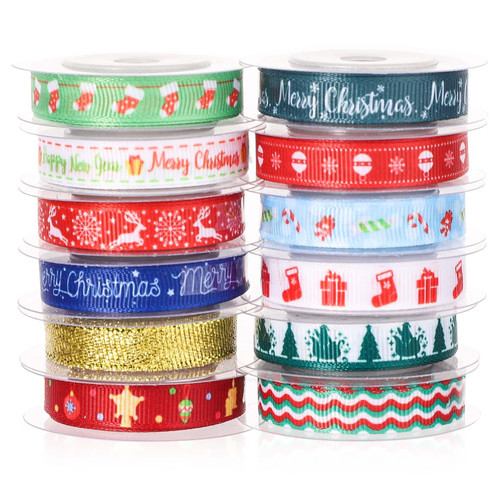 12 Rolls Christmas Ribbons, 5 Yards Christmas Decorative Ribbons Christmas Wired Ribbon Christmas Tree Ribbon Christmas Ribbon for DIY Crafts Wrapping Festival Decoration (Style 2)