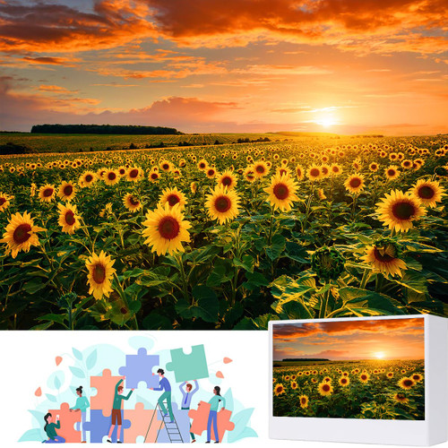 1000 Pieces for Beautiful Sunset Over Sunflower Field Puzzles, Jigsaw Puzzles for Adults 1000 Pieces and Up, Sunflowers Puzzle for Women & Mom