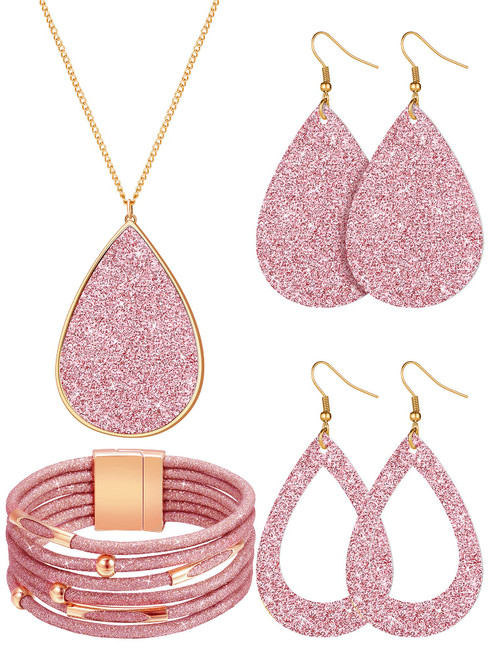 4 Pieces Women's Glitter Jewelry Set Bridal Wedding Multi-Layer Bracelet Faux Leather Dangle Earrings Necklace (Pink)