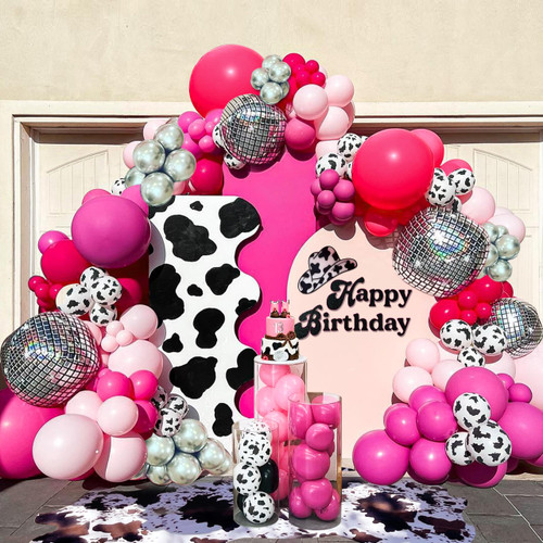 Cowgirl Cow Balloons Garland Kit Hot Pink Silver Balloons 4D Balloons for Baby Shower Birthday Farm Western Cowgirl Disco Theme Party Supplies Decorations