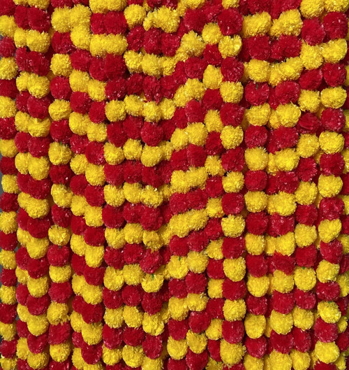 5 PC - 5 feet Marigold Garland |Indian/American Wedding Party Mantle Decoration, Faux Garlands Wedding Garland, Diwali Decoration, Spring Bush Floral! (Red & Yellow Mix)