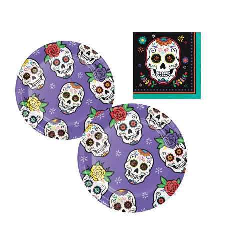 Sugar Skull Day of the Dead Dessert Party Supplies| Bundle Includes Paper Plates & Napkins for 16 People, Multicolor