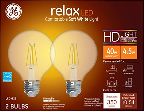 GE Lighting 31536 Clear Finish Light Bulb Relax HD Dimmable LED G25 Decorative Globe 4.5 (40-Watt Replacement), 350-Lumen Medium Base, 2-Pack, Soft White, 2