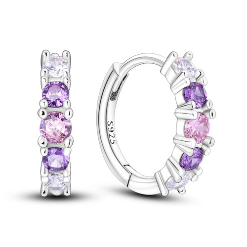 Purple Earrings for Women and Girls - 925 Sterling Silver Huggies Hoop Earrings with Pink Purple Cubic Zirconia, Small Size, Hypoallergenic Fashion Lightweight Earrings