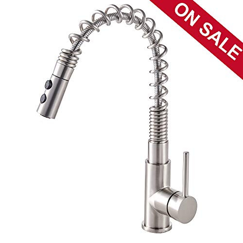 VALISY Lead-free Modern Commercial Stainless Steel Single Handle Pull Down Sprayer Spring Brushed Nickel Kitchen Sink Faucet, Pull Out Kitchen Bar Sink Faucets