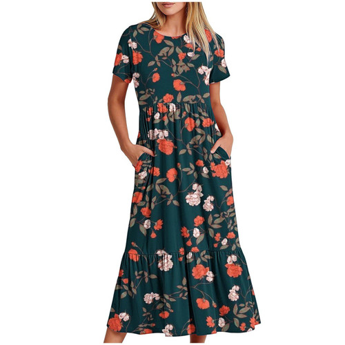 2024 Summer Dresses for Women Casual Short Sleeve Tshirt Dress Crewneck Flowy Tiered Maxi Beach Dresses with Pockets