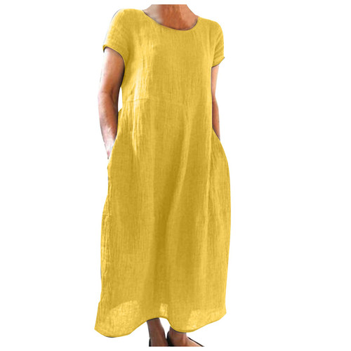 Floral Dress for Women Tank Loose Sundress,Ladies Summer Comfortable Loose Solid Color Short Sleeve Long Women V Neck Halter Printed Casual Short Strap Resort Wear(Yellow, L)