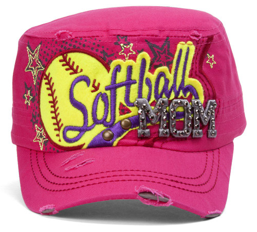 TopHeadwear Softball Mom Distressed Adjustable Cadet Cap - Hot Pink