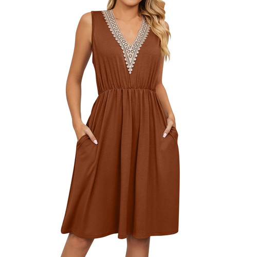 Dresses for Women 2024 Casual Swing Beach Dress, Women Summer Casual Dress Sleeveless Pockets Lace Stitching V Neck Dresses Loose Comfy Elegant Loose Dress ?Brown, XL Dresses for Women 2024 Casual Swing Beach Dress, Women Summer Casual Dress Sleeveless Pockets Lace Stitching V Neck Dresses Loose Comfy Elegant Loose Dress ?Brown, XL