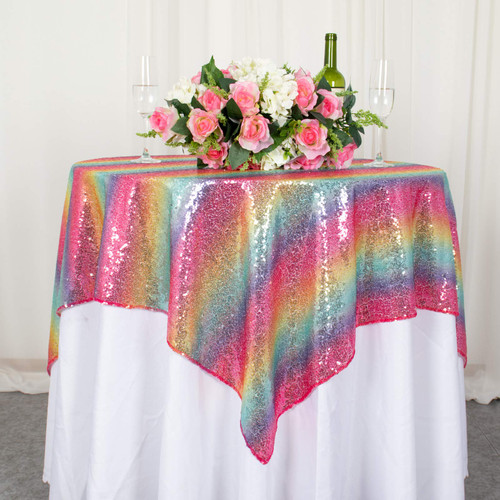 Sequin Tablecloth Square 50x50 Rainbow Table Overlay Glitter Table Cloths for Parties Seamless Tablecloth Sparkle Table Cover for Dining Room Kitchen Table Cover