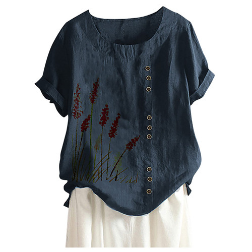 Summer Women Cotton Linen Tshirt Tops Casual Loose Fit Trendy Flowers Tunic Tees Short Sleeve Plus Size Button Blouses
