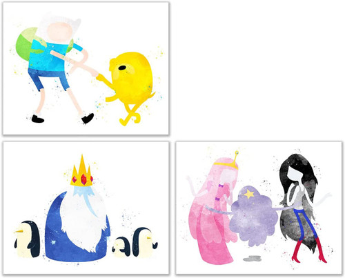 Watercolor Adventure Time Poster Prints - Set of 3 (8x10 inches) Cartoon Network Wall Art Decor - Finn - Jake - Ice King - Princess Bubblegum - Marceline - Lumpy Space Princess