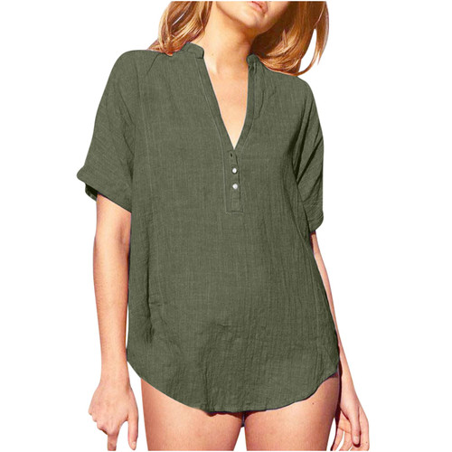 Cotton Linen Tops for Women Loose V Neck Button Up Tunic Shirts Casual 2024 Summer Solid Short Sleeve Blouses